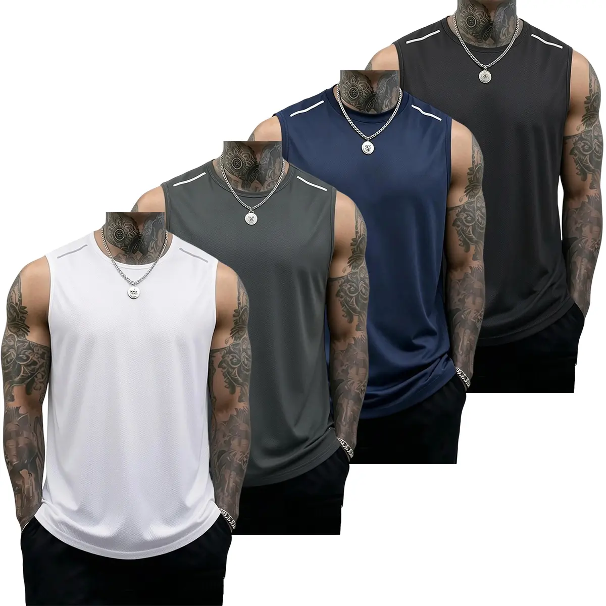 Men’s 4PCS Athletic Apparel Set - Crew-Neck Sleeveless Muscle Tank Tops, Compression Shorts, Breathable Casual Workout Tops, Solid Color Summer Activewear Clothes, Fitness for Everyone, Basketball/Bodybuilding Use, Father’s Day Gift Recommendation