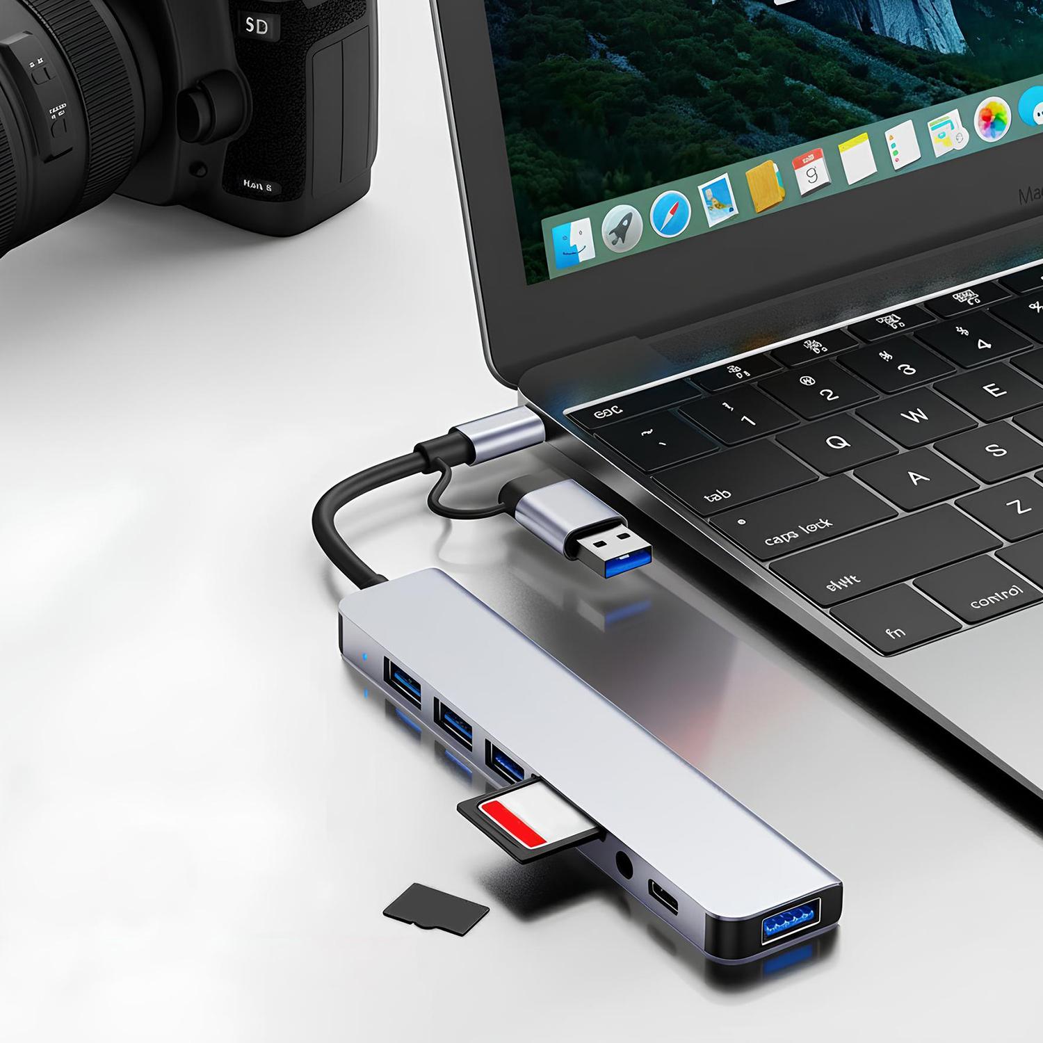 USB C Hub 8-in-1 Multiport Adapter USB Extender with 4 USB Ports, TF/SD Card Reader, 3.5mm Audio Jack & USB C Port, Dual USB-A/C Input for MacBook/iPad/PC/Laptops, Computer Accessories