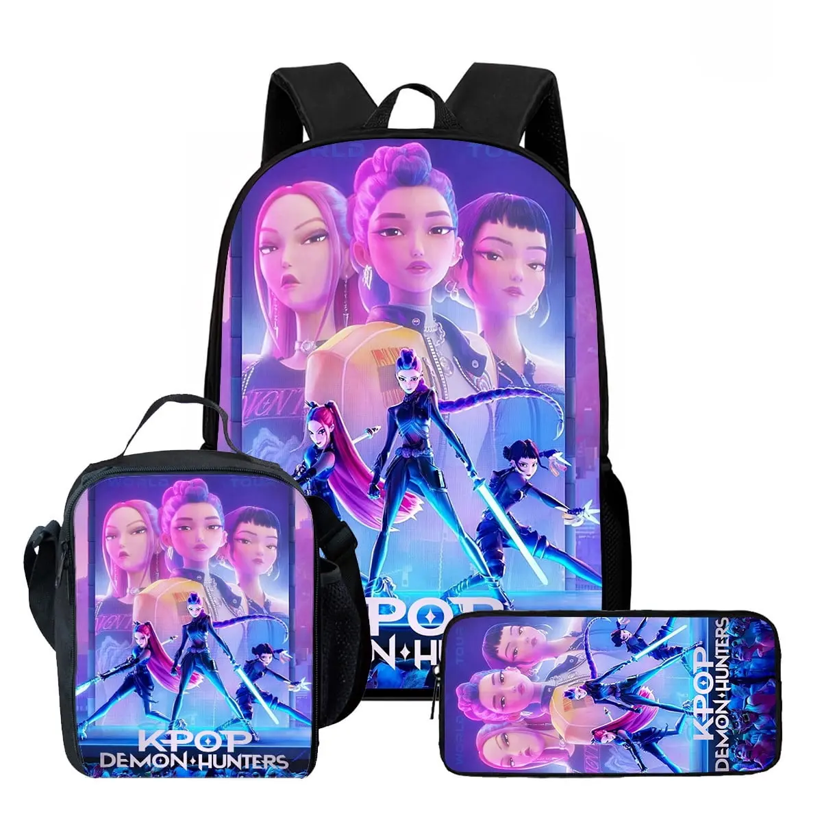 KPop Demon Hunters Neon Demon Squad Cool Print 3D Korean Anime Backpack & Lunch Bag Three-Piece Set, Large Capacity