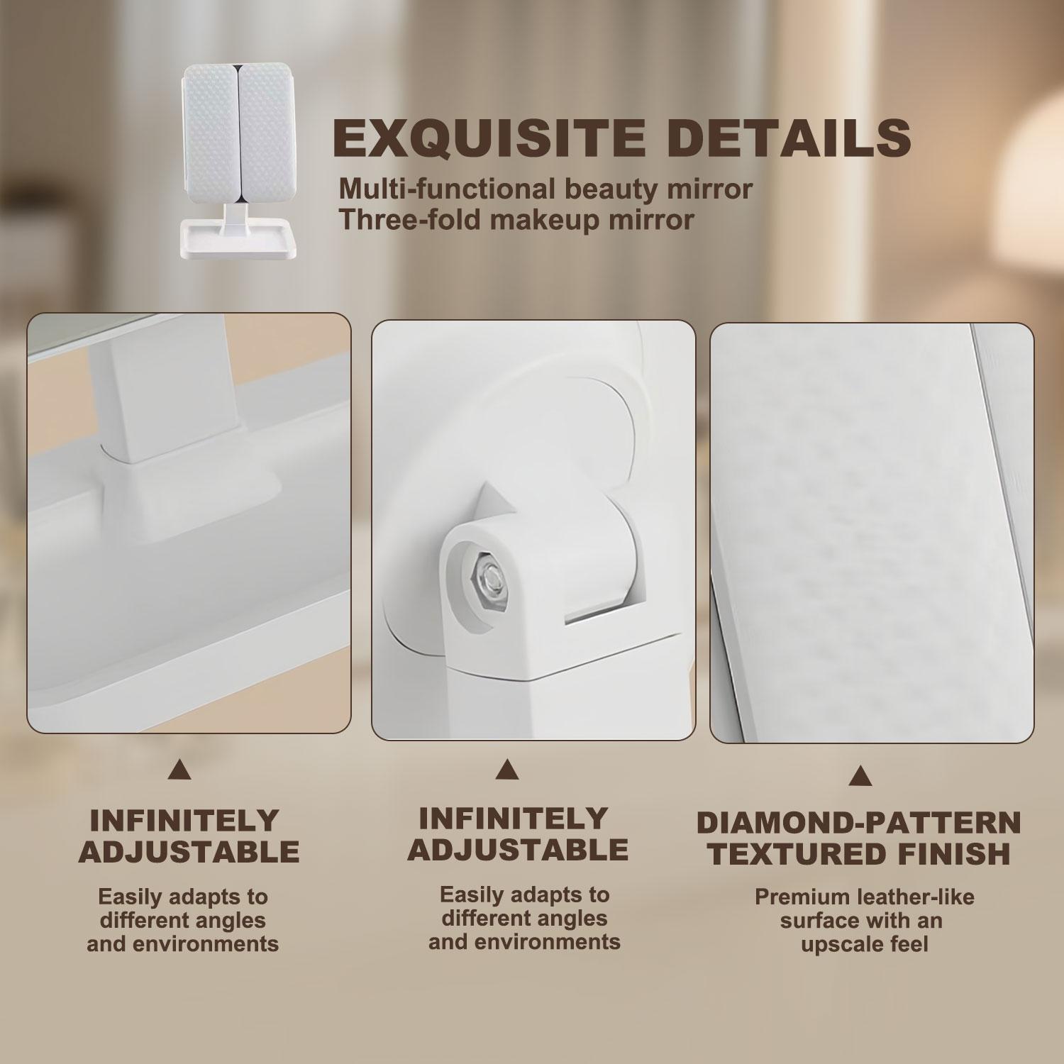 Tri-fold design, lightweight and portable. Features three-color LED lighting, 2×/3× magnification, and 180° rotation for clear details. Ideal for Valentine’s Day gifts, makeup, office use, travel, outdoor use, bathroom, bedroom, and daily skincare.