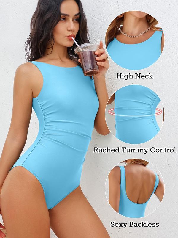 ANRABESS Women Swimsuits One Piece Tummy Control Full Coverage Backless Bathing Suit Ruched Swim Suit Beach Vacation Swimwear
