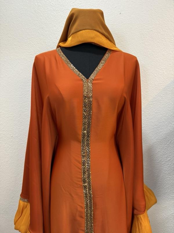 Dubai Butterfly Style Abaya -  Color with Gold Embellishments and Hooded Design
