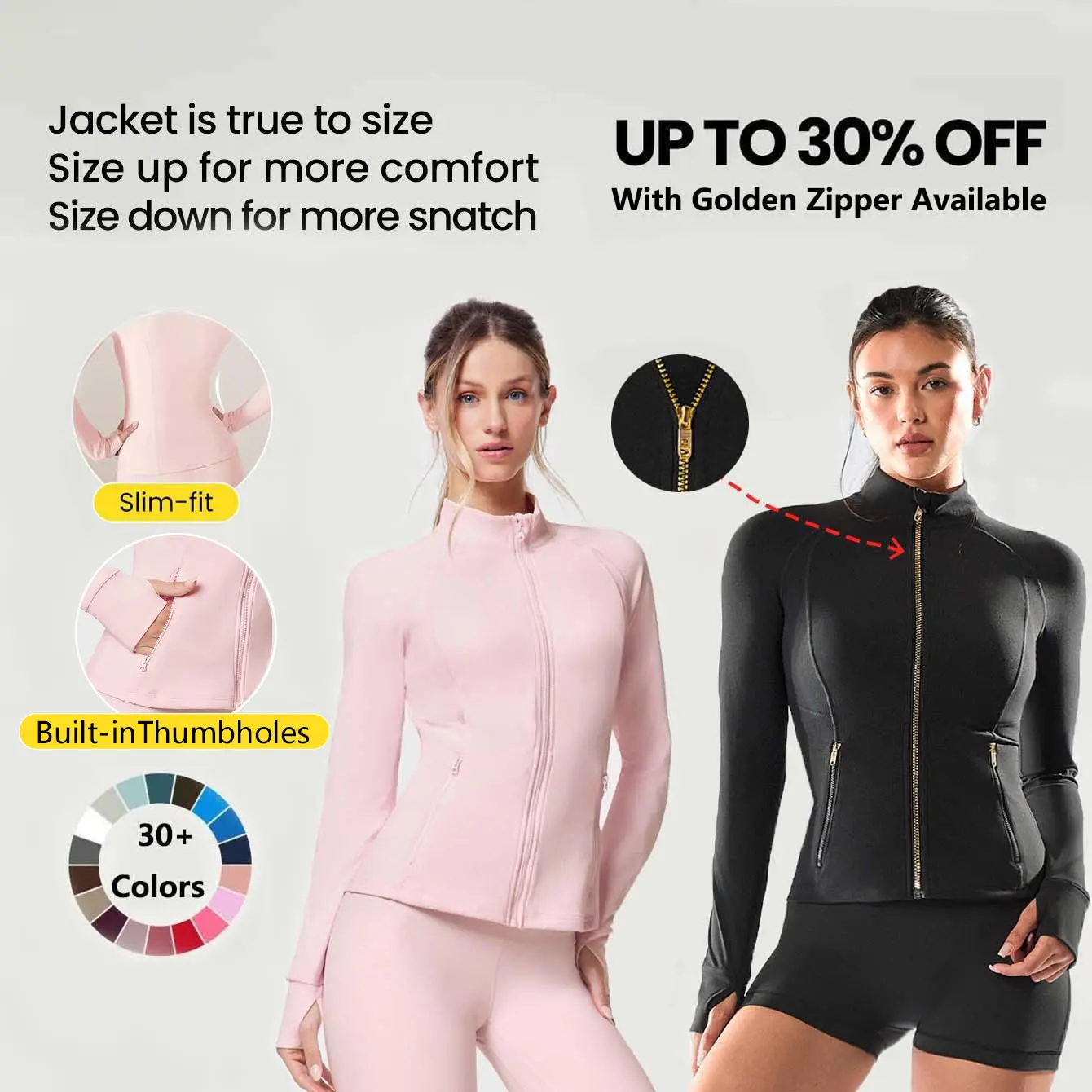 GLOWMODE FeatherFit Slim-It Streamline Performance Secure Pockets Zip Up Jacket Golden Zipper Available TikTokShopBlackFriday