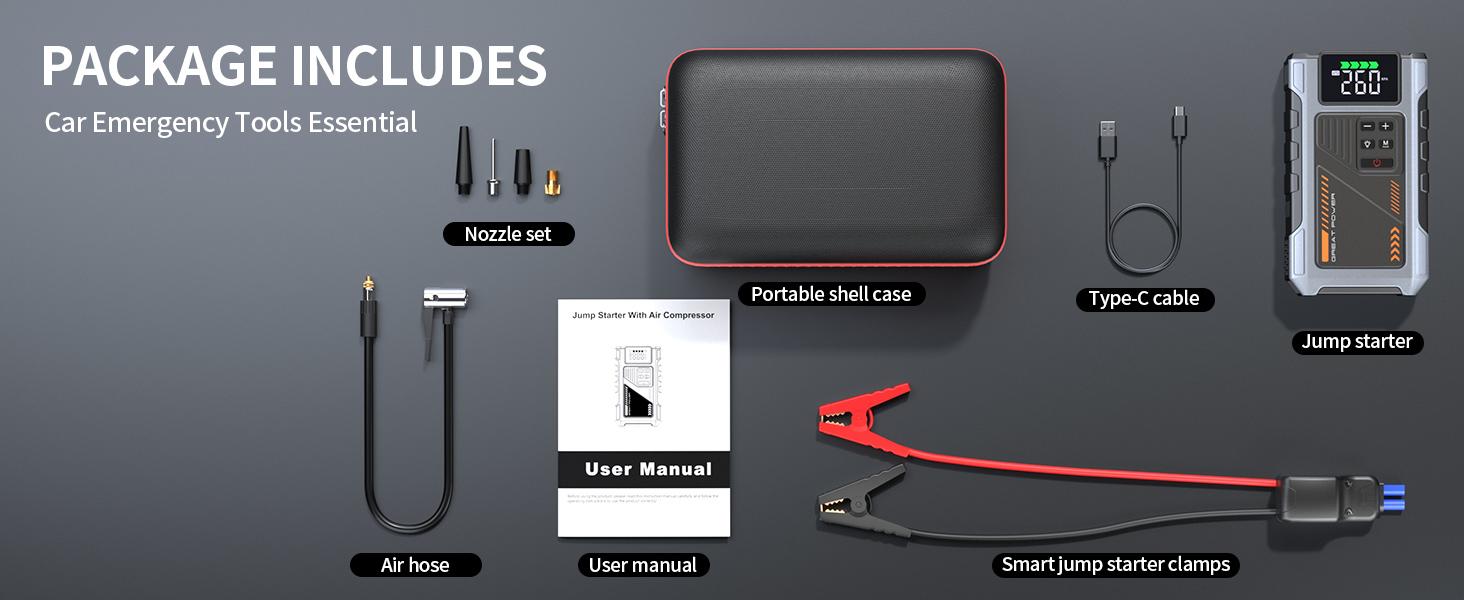 Geeneu Portable Car Jump Starter W100 12000mAh with Air Compressor (8.0L Gas & 6.5L Diesel) 150 PSI Tire Inflator, LED Light, 12V Car Battery Jump Power Autos Automotive Vehicle Carjack Tool Kit