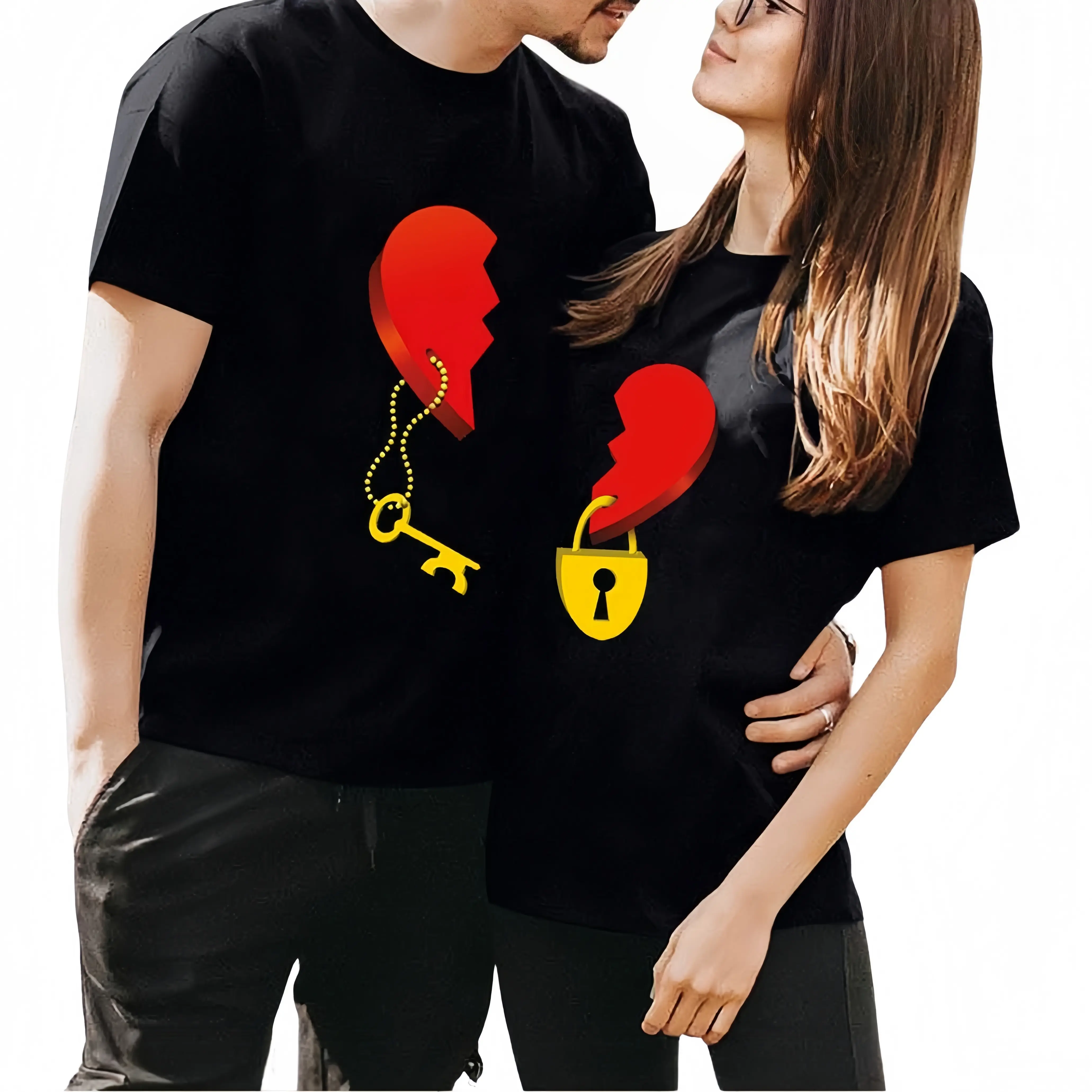 Women's Casual Comfortable Short-Sleeve Cotton Round Neck T-Shirts - Couple Matching Sets, Heart Lock Key Graphic Print, Machine Washable, Black Tees for Him & Her, Valentine's Day Gift, Sports Tops