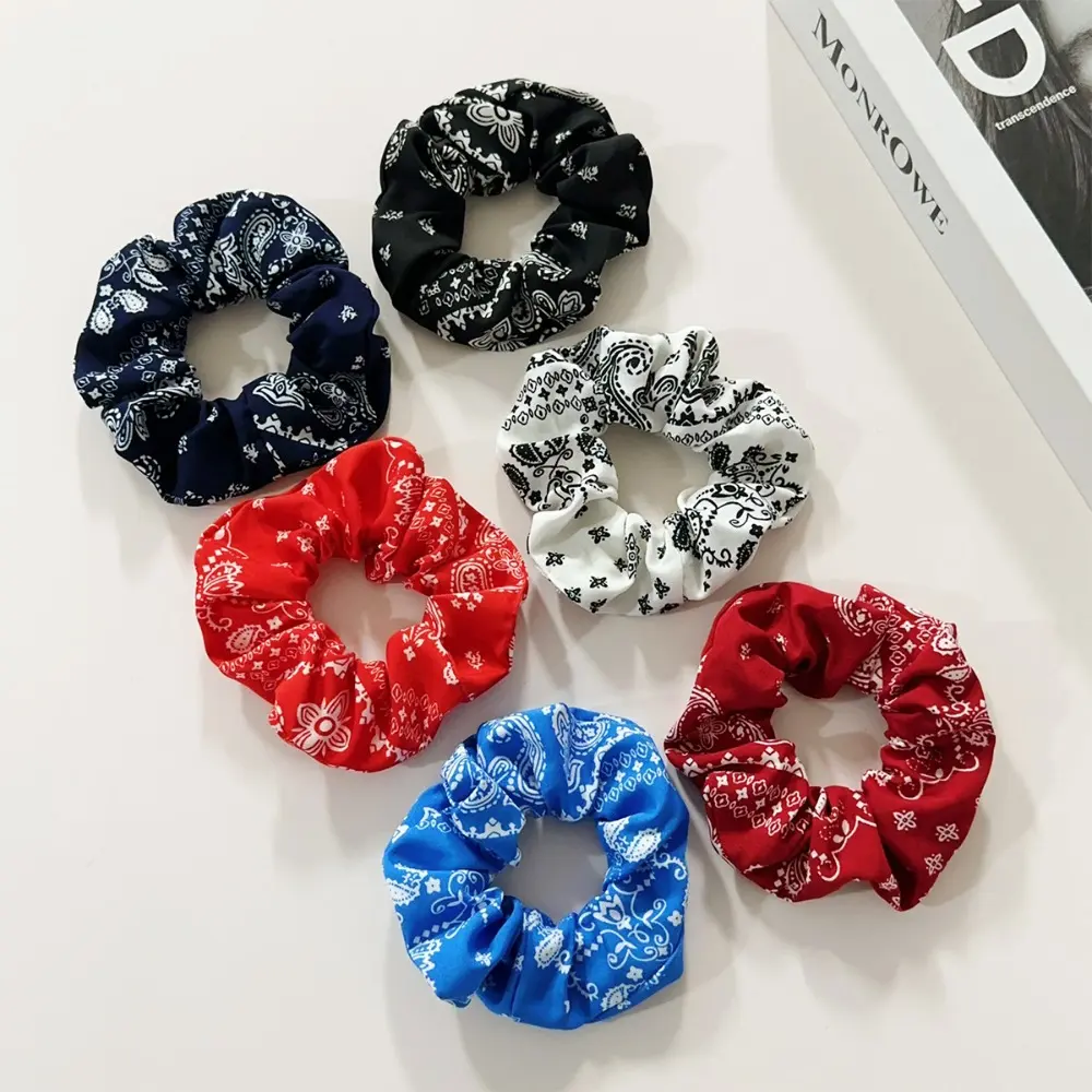 Unisex Paisley Print Cotton Fiber Bandana Motif Scrunchies - 6 Pcs Soft Stretch No-Damage Elastic Hair Ties, Stylish Hair Accessories for Daily & Party Wear (All Ages)