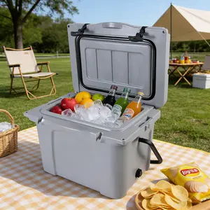 DOMISO Grey 25QT Portable Cooler, Insulated Hard Cooler with Bottle Opener, Cup Holder, Forming Ruler, Travel, Beach, Camping, Fishing