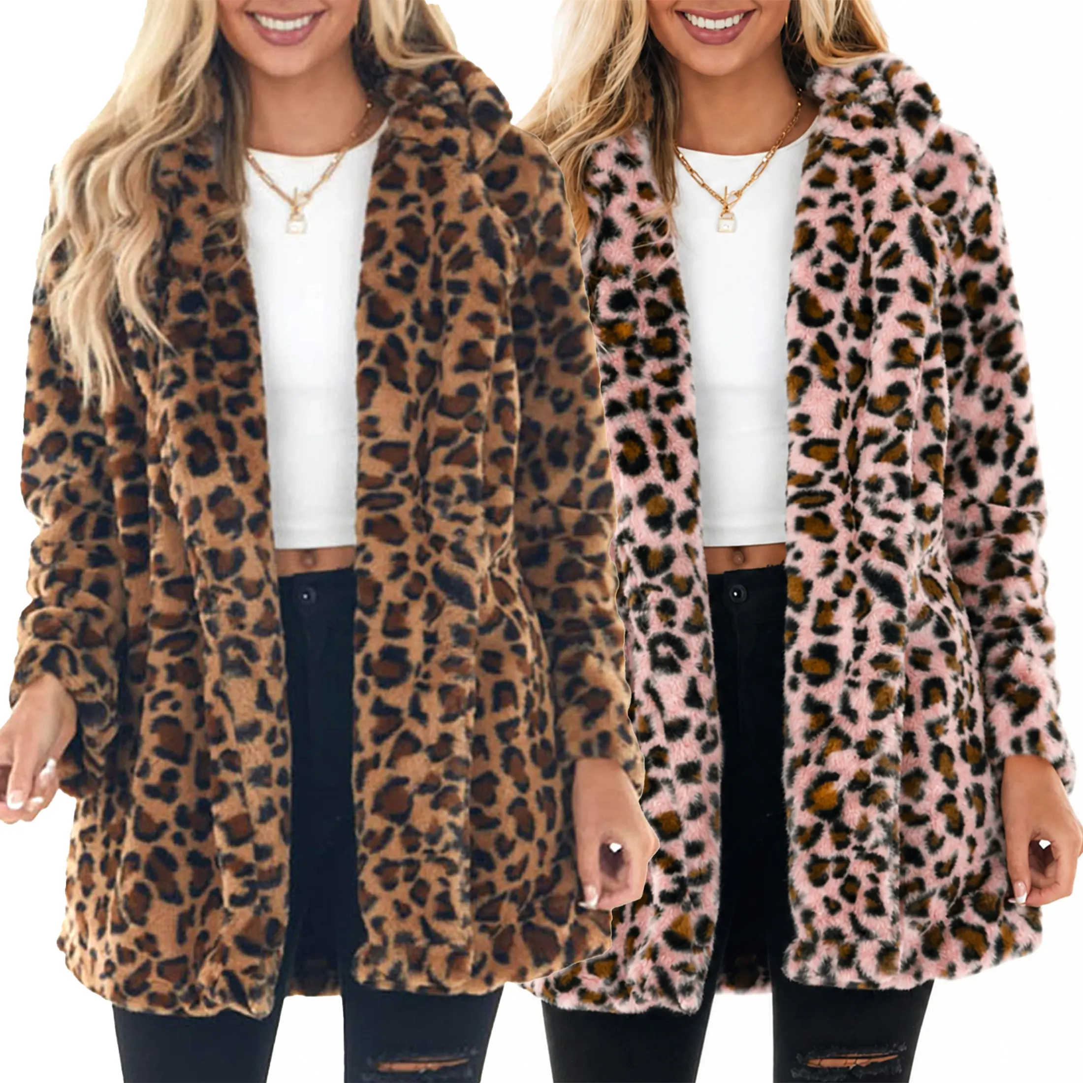 Wandal Women Leopard Print Faux Fur Coat Super Soft Warm Mid-Length Fluffy Teddy Jacket Fall Winter Casual Outerwear