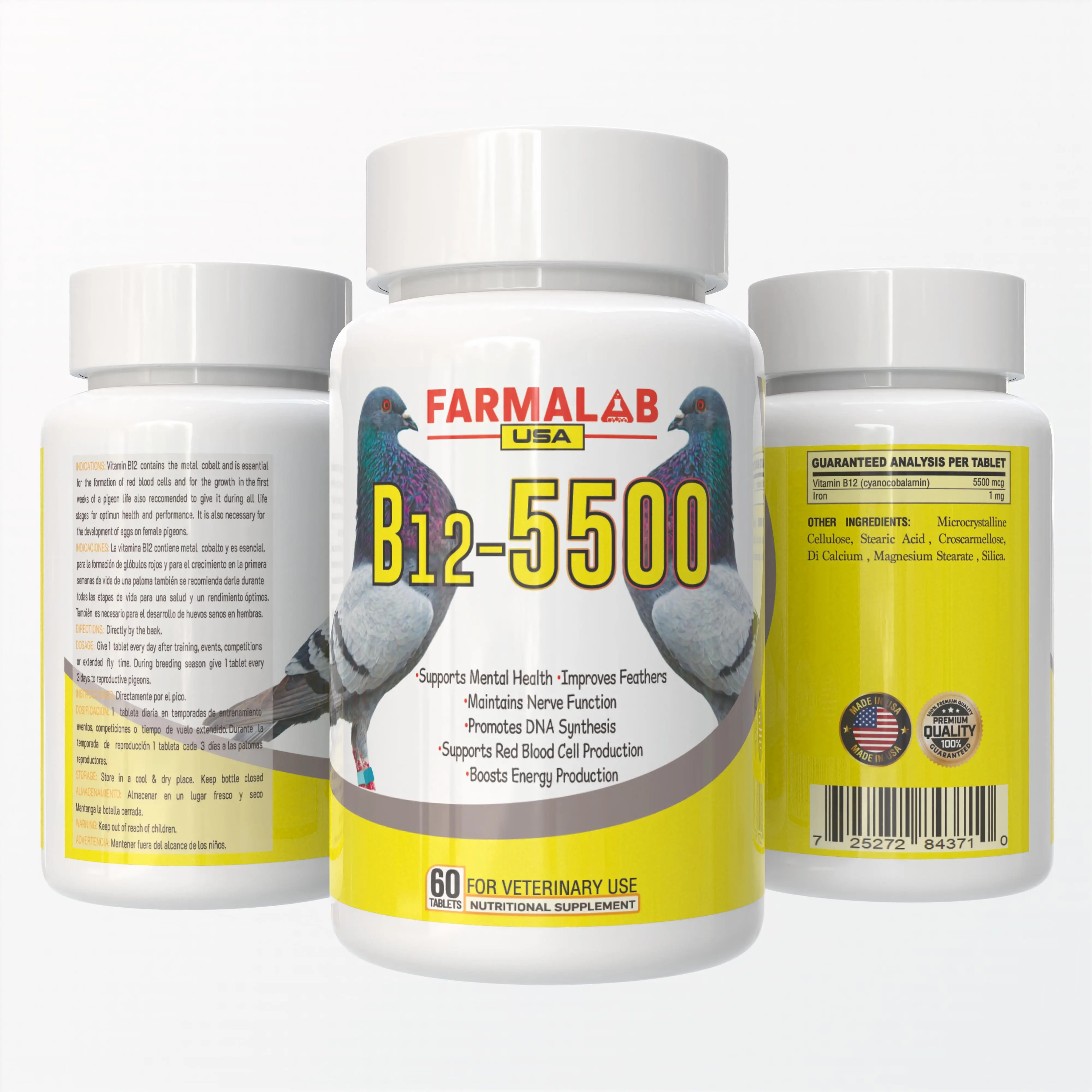 Farmalab B12-5500 Pigeon Vitamin Tablets - 60-Count Pet Health Supplement, 5500 mcg B12, 1 mg Iron, Blood Flow Support, Brain Booster, Energy Level Boost, Red Blood Cell Production Support, Feather Quality Improvement, Store in Cool, Dry Place