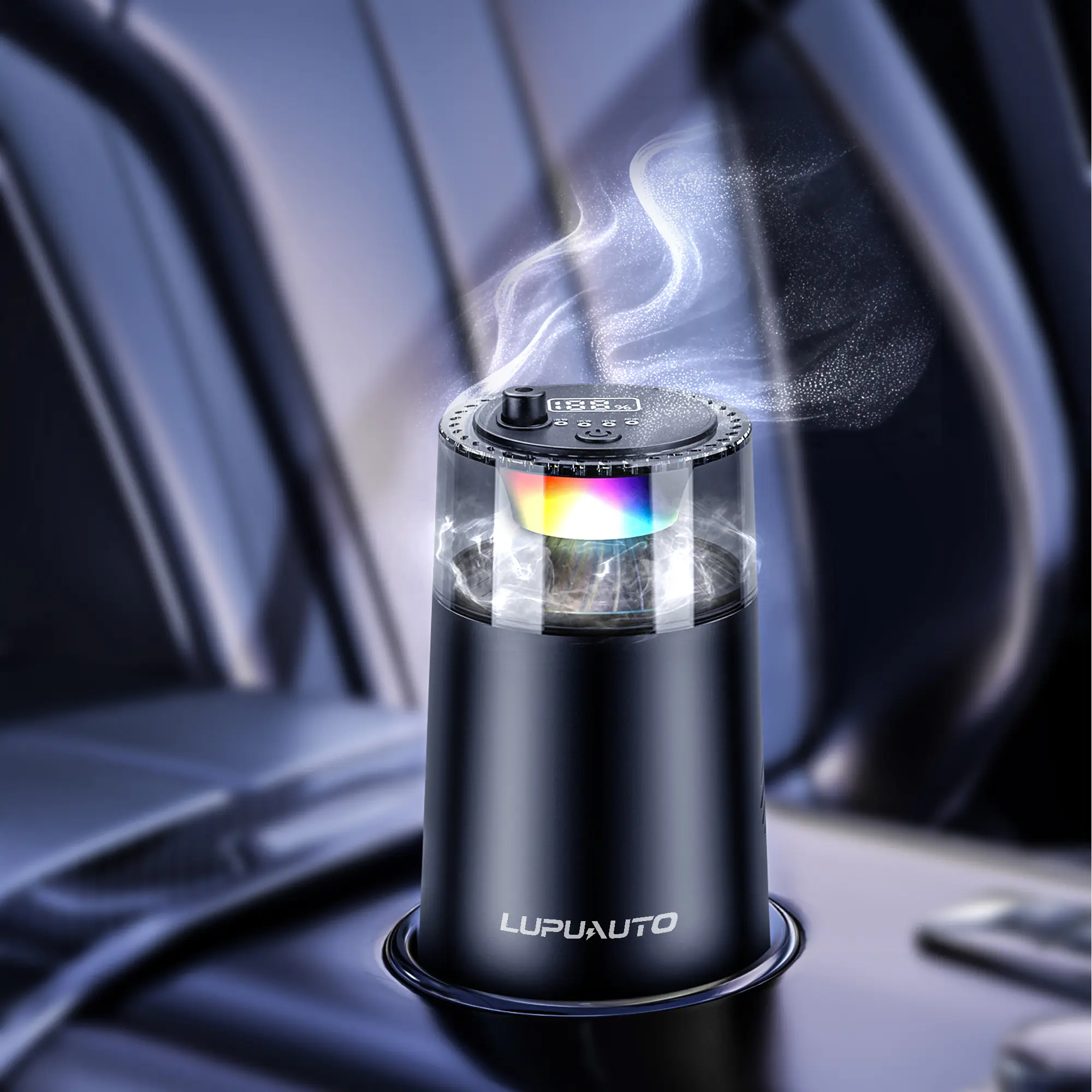 LUPUAUTO Compact Car Aromatherapy Diffuser - 5 Dynamic Ambient Light Modes, 3 Adjustable Scent Modes, 2 Fragrance Pods, Vibration-Sensing Technology, Long-Lasting & Leak-Proof, Natural Soothing Scent, Cute Design for Car-Office Use