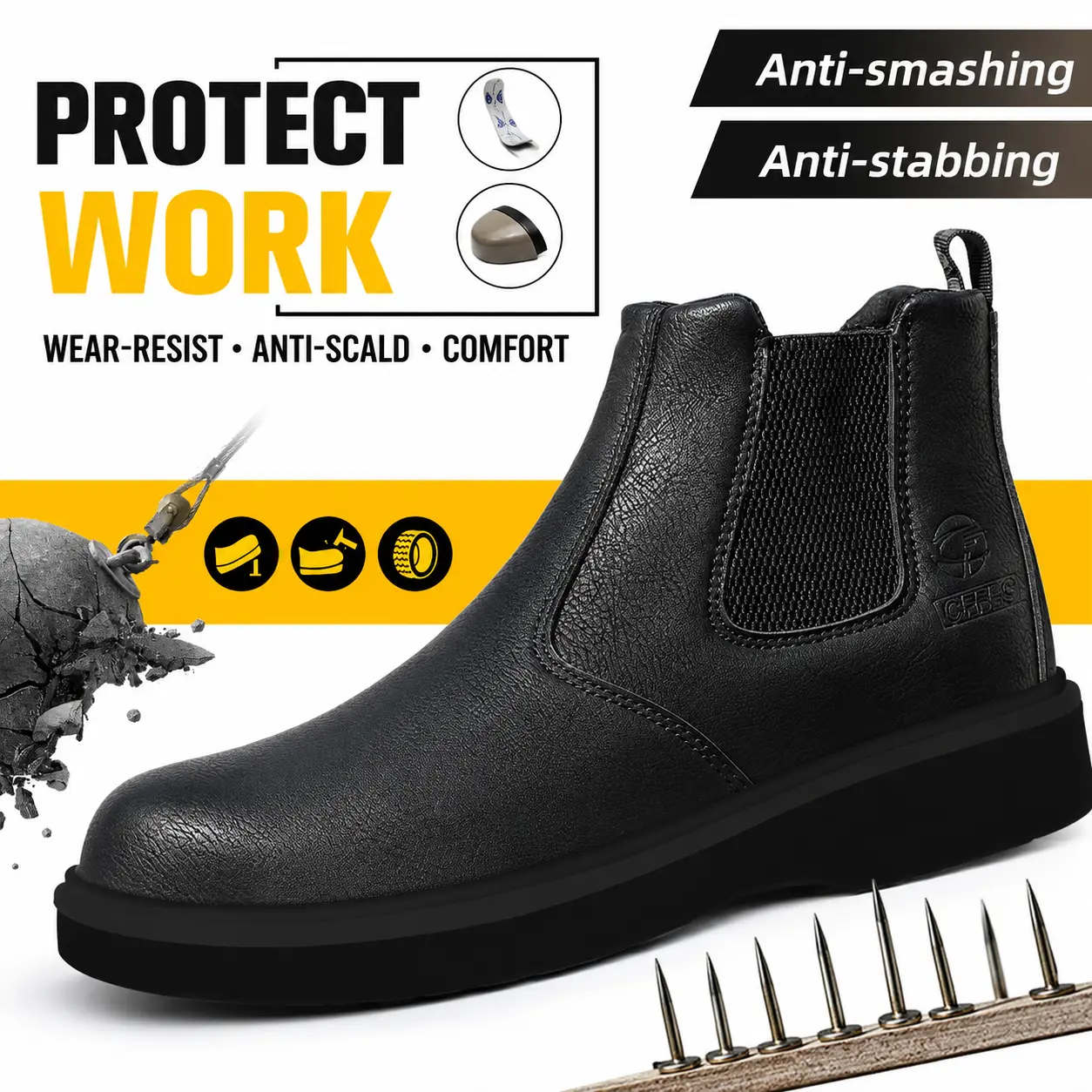 Men’s Steel Toe Chelsea Work Shoes - Slip-Resistant Leather Safety Footwear, Closed Minimalist Pull-On Boots with Puncture-Resistant Midsole, Lightweight Gingham-Accent Design