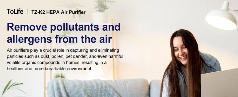 [Exclusive Livestream Offer] ToLife TZ-K2 Air Purifier for Large Rooms (up to 1095 Ft²), PM 2.5 Display, HEPA Filter, Auto Mode & Timer – Removes Smoke, Pollen, Pet Dander!