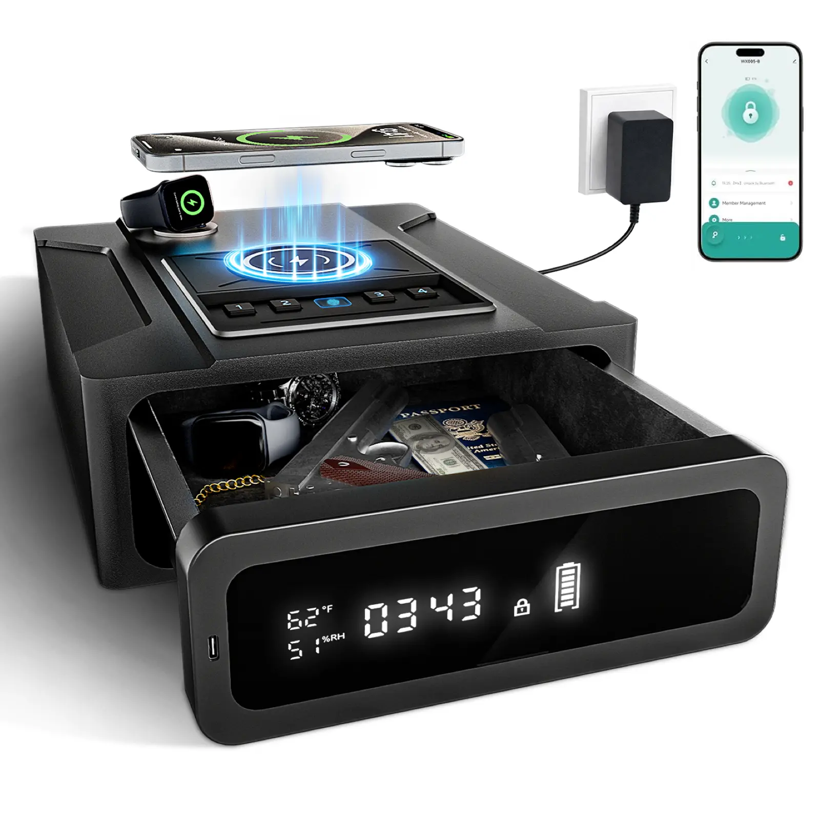 XDEER Rapid-Response Bedside Handgun Safe, Wireless Charging Biometric Fingerprint & Backlit Keypad, Built-in LED Light & Digital Clock Quick Access Gun,back to school,back to school shopping,back to school haul,college school supplies