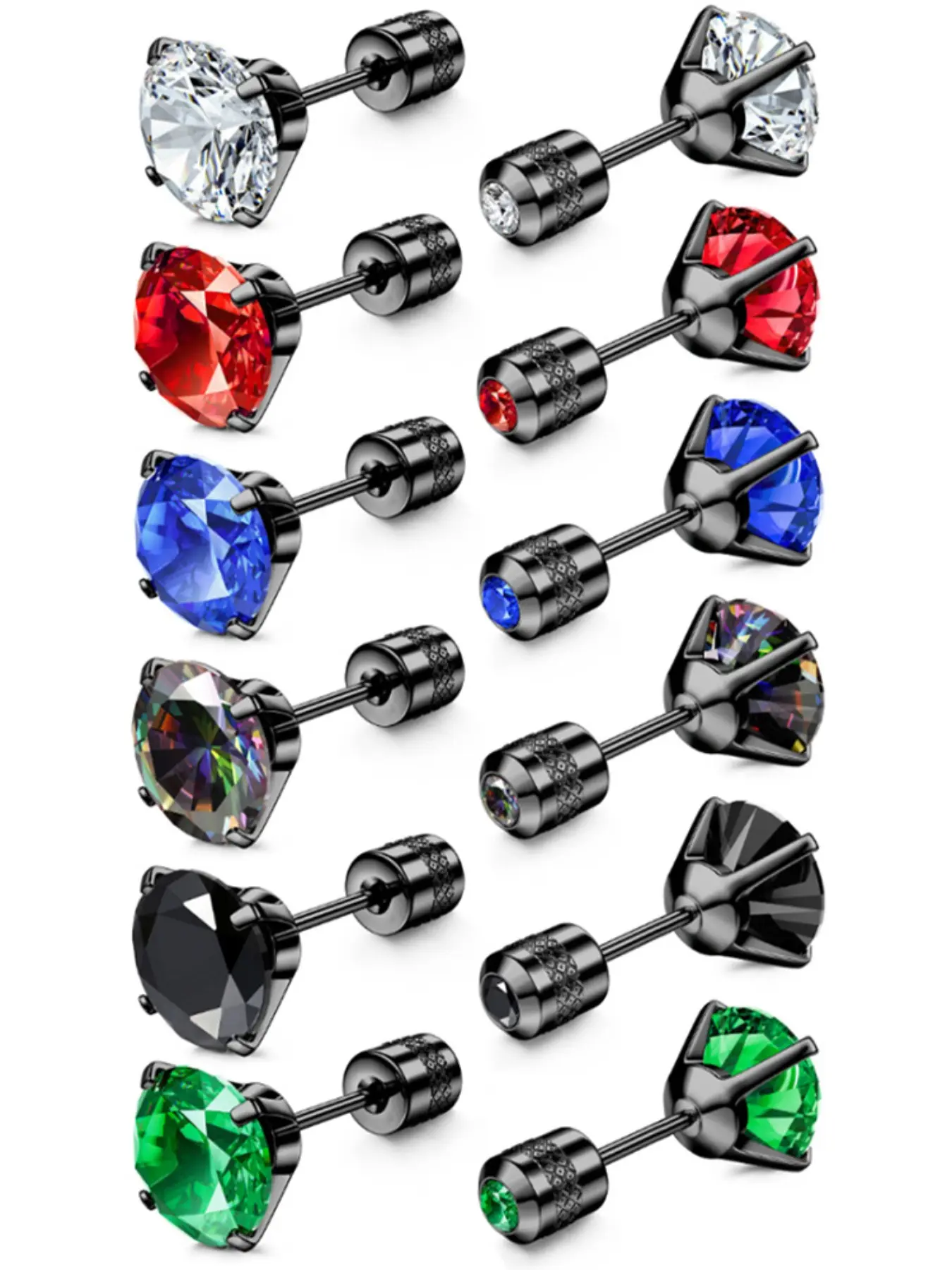 Men's Cubic Zirconia Stainless Steel Stud Earrings (6 Pairs), Durable Fashion Jewelry, Perfect for Everyday Use, Ear Studs