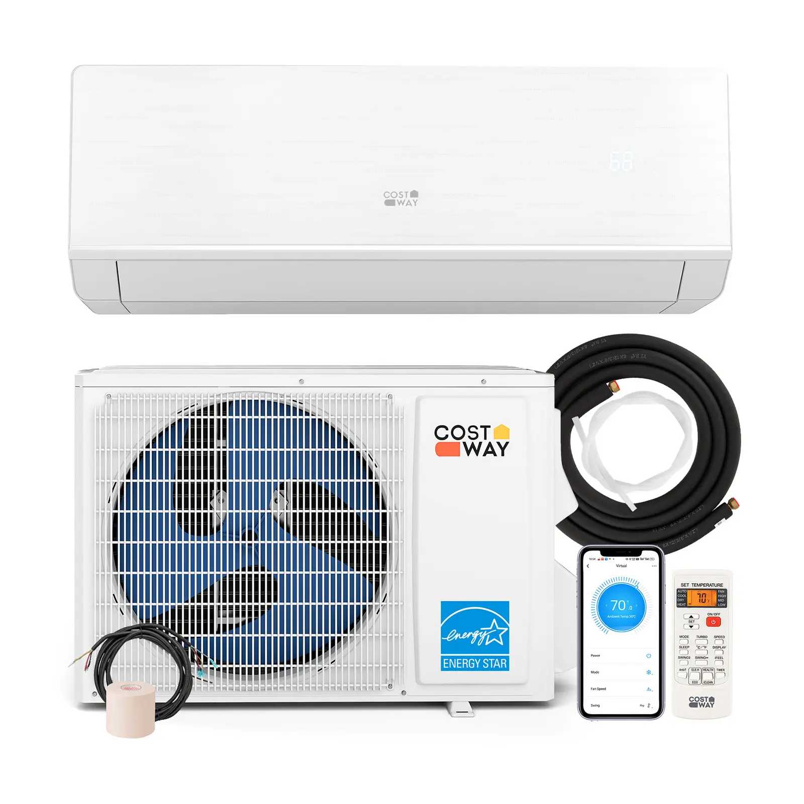 COSTWAY - Energy Star Certified 12000 BTU 24 SEER2 208-230V Ductless Mini Split Air Conditioner and Heater WiFi Enabled