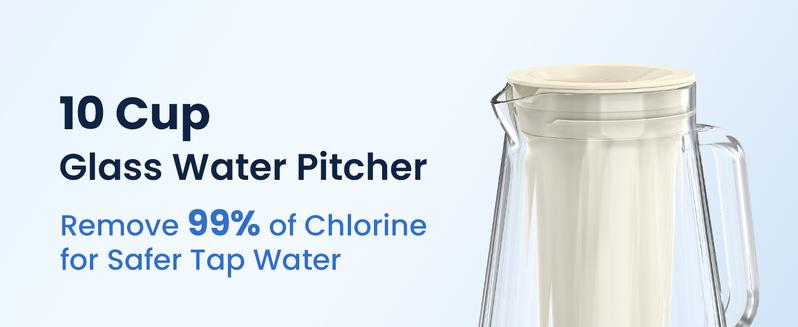 Glacierfresh 10 Cup Glass Water Filter Jar Pitcher, 80 oz Wide Mouth with flip lid, 5-Stage Filtration Tech, Reduces 99% Chloriner, for Water, Beverage,  Iced Tea, Cold Brew Coffee, BPA Free, Drinkware, Mason, kitchenware Home
