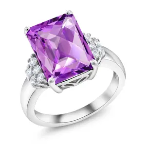 Gem Stone King 5-10 Cttw Gemstone Birthstone Engagement Ring For Women | 14X10MM Emerald Cut | 925 Sterling Silver | Wedding Anniversary Promise Ring | Sizes 5-9