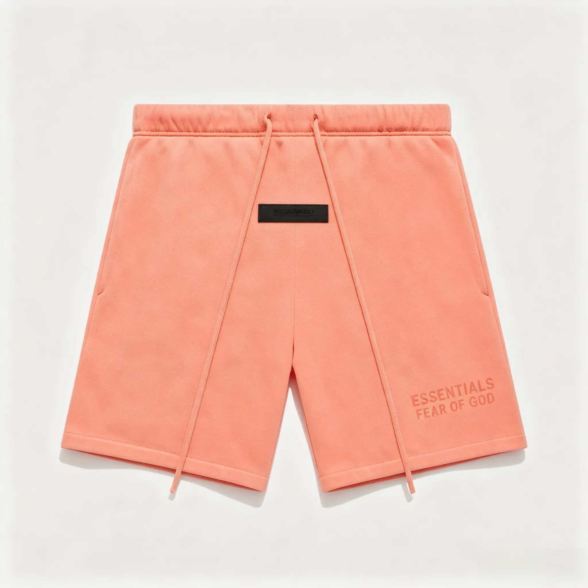 Fear of God Essentials FW22 Coral Red Menswear Casual Loose Essential Shorts - Relaxed Boxy Heavy-Weight French Terry Bottoms, Elastic Drawstring Waist, Side Pockets, Tonal Flocked Logo, Stylish Streetwear for Men Teens