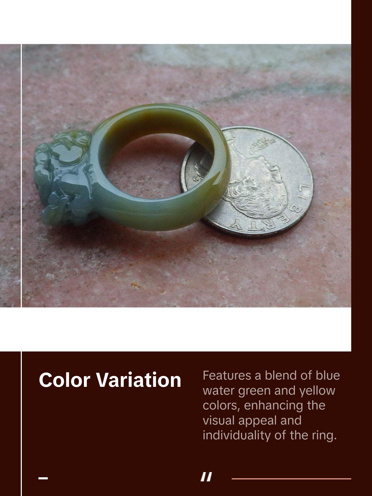 Certified Hand Carved Blue Water Green Yellow Natural Myanmar Burma A JADE Jadeite Dragon Pi Xiu Ring US 8.75