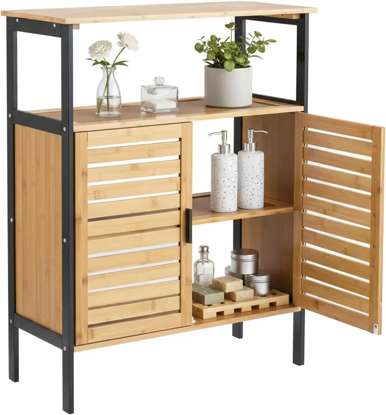 Modern Bamboo Floor Cabinet 25 Inch with Slatted Doors & Open Shelf, Home Storage Solution for Bath & Kitchen