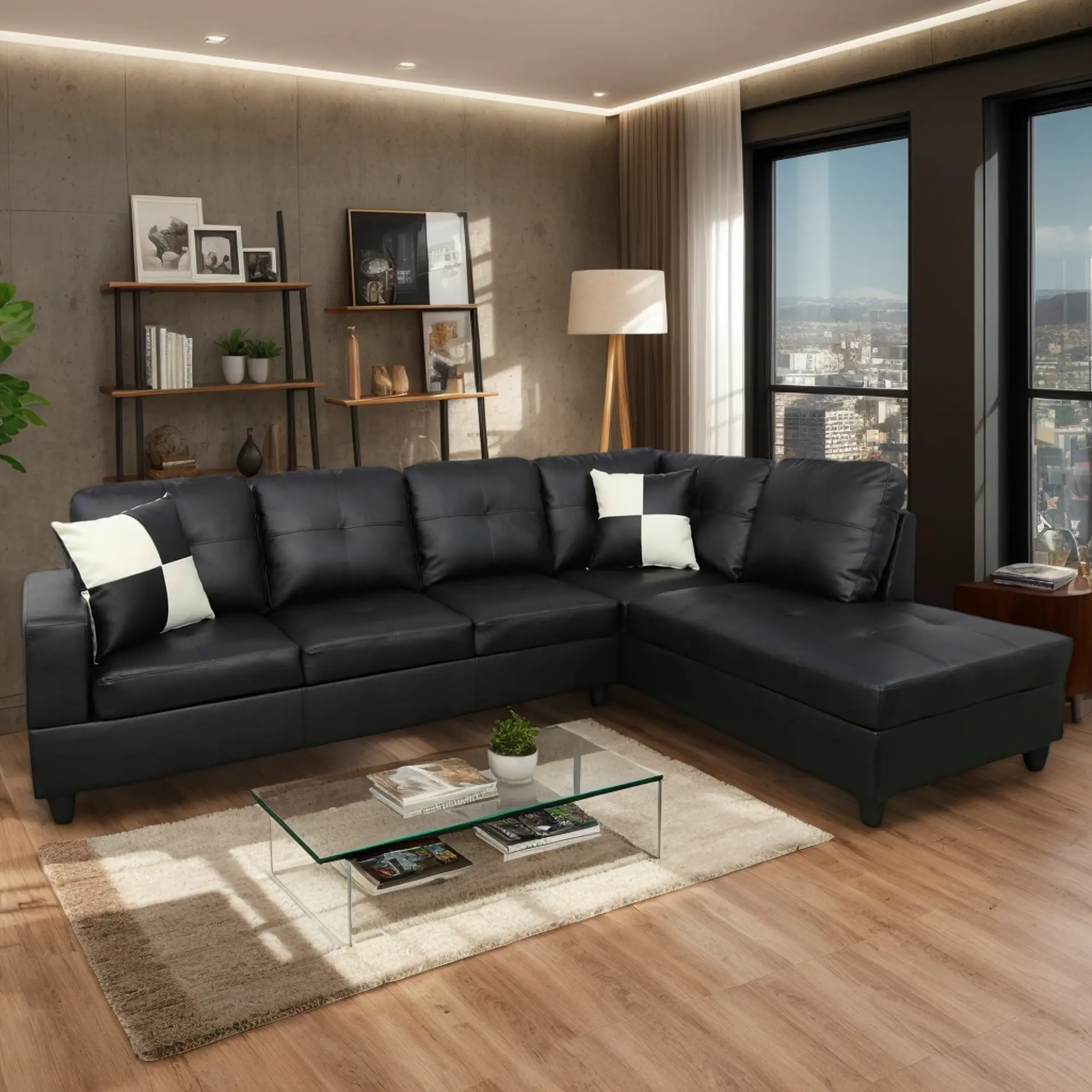 Leather Oversize L-Shape Sectional Sofa Set - Microfiber Button Tufted Upholstered Corner Couch (103in), Modular Sofa, Upholstered Sofas, Sectional Couches for Living Room, Apartment Furniture for Home