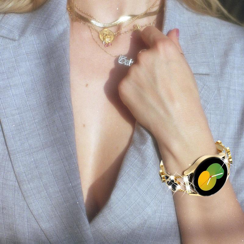 BUREI Black Shell Clover Diamond Metal Band for Samsung Galaxy Watch 7/6/5/4 20mm Sparkle Wristband Women's Elegant Rhinestone Accents Tool-Free Size Adjustable Premium Brass Alloy Fashion Accessory#TikTokShopHolidayHaul