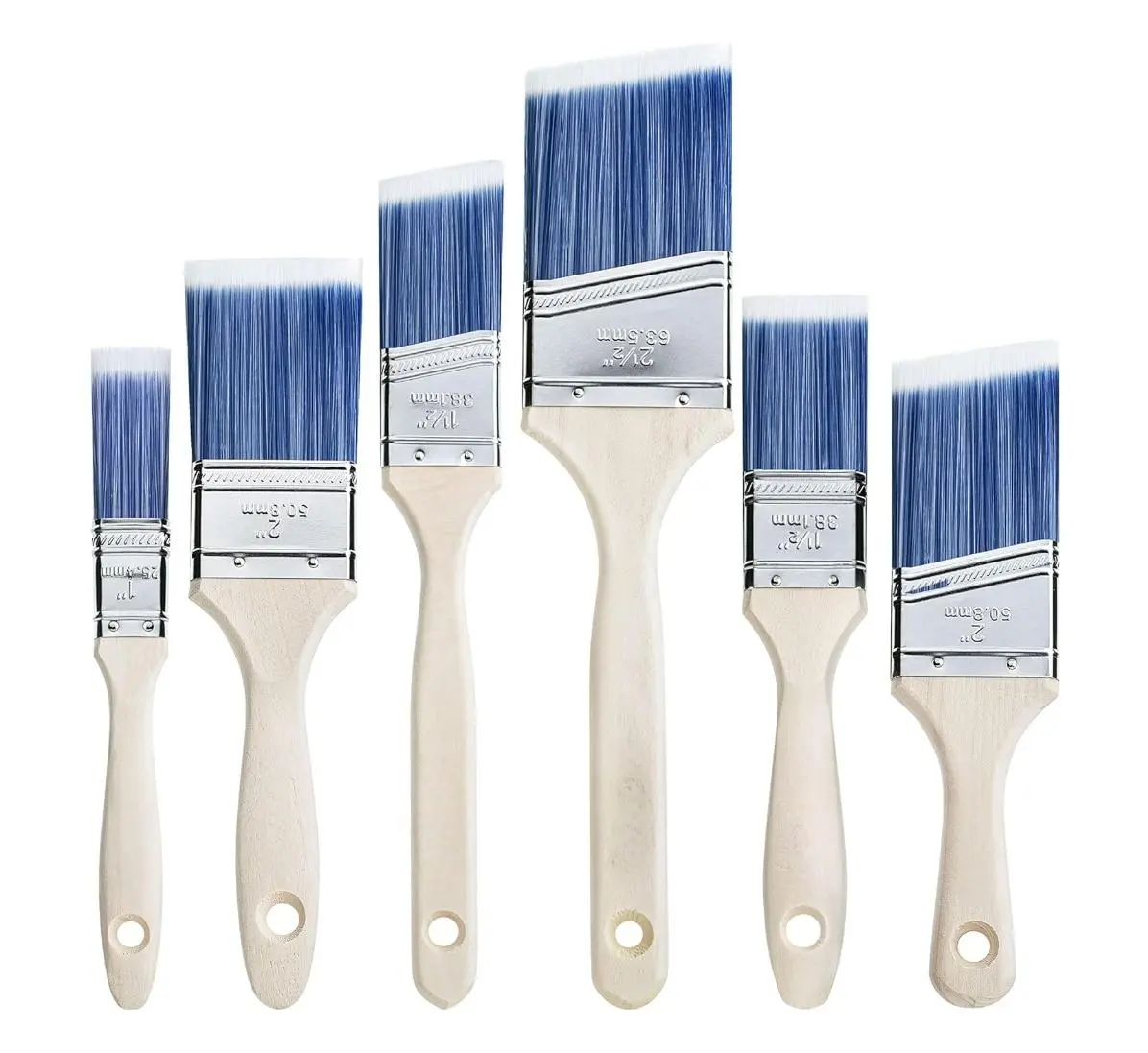 Bristle Paint Brushes 6-Pack, Treated Wood Handles, 1/1.5/2/2.5 Inches, for Walls & Furniture Stains, Versatile Application, Easy Use, Smooth Even Finishes (Home Improvement Paint Supplies & Tools)
