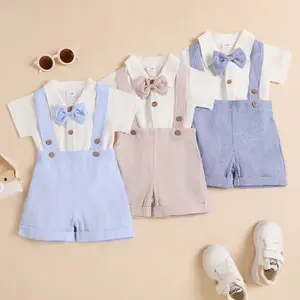 Newborn Baby Boy Gentleman Outfit Suit Short Sleeve Bowtie Romper Shirt Suspender Shorts Summer Dress Clothes Set