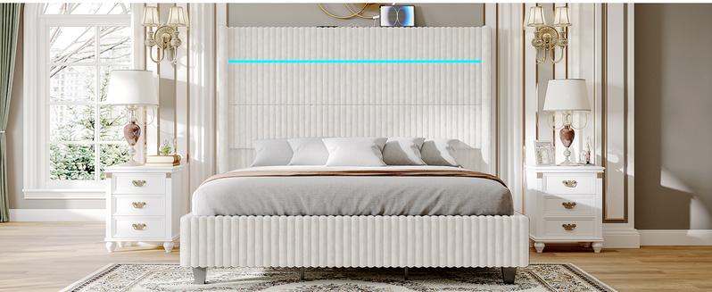 AMERLIFE Bed Frame with LED Lights Charging Station, Corduroy Upholstered Platform Bed Frame with 60" Tall Wingback Headboard/No Box Spring Needed,Best Gift Ideas/Christmas Gifts