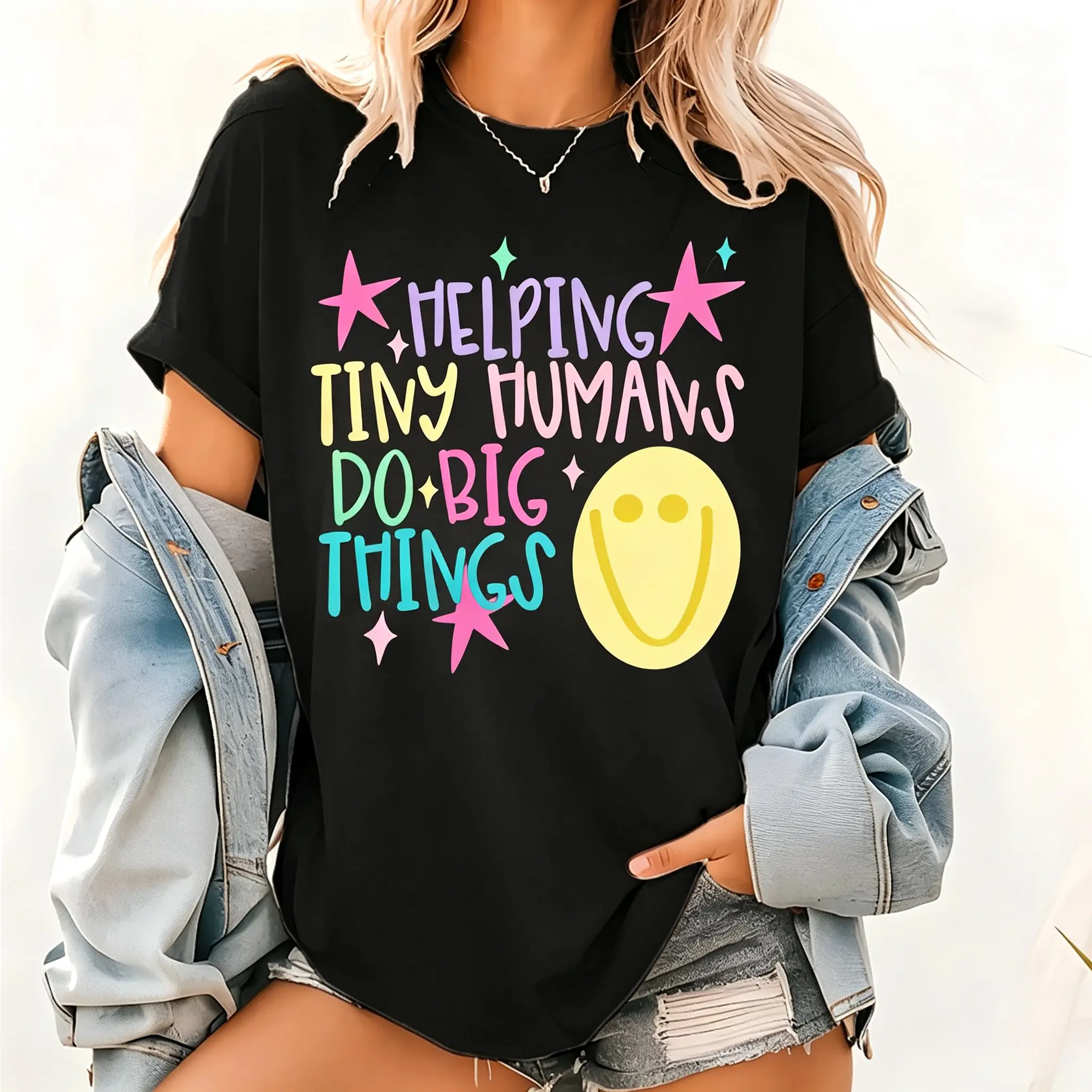 Helping Tiny Humans Do Big Things Shirt – Preppy Teacher Graphic Tee, Back to School Stars T-Shirt, Daycare & Preschool Teacher Gift Womenswear