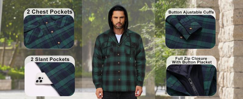 COOFANDY Men's Quilted Lined Flannel Shirt Jacket with Hood Long Sleeve Plaid Shirt Jacket