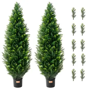 VEVOR Artificial Cedar Topiary Tree,  48 inch Tall (2 Pieces), with Extra Leaves & Pot Faux Evergreen Fake Pine Cypress Trees Plant, UV Rated Artificial Greenery Set for Home Decor Indoor/Outdoor