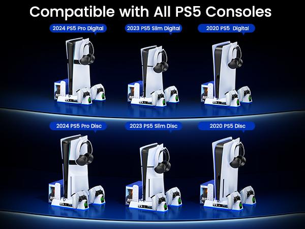 ESYWEN PS5 Cooling Fan Dock & Charging Station with Turbo Fan, 6 Game Card Slots, Dual Controller Charger, RGB Lights, Remote Holder, Compatible with PS5 2020/2023 Slim/2024 Pro Models (Disc & Digital)