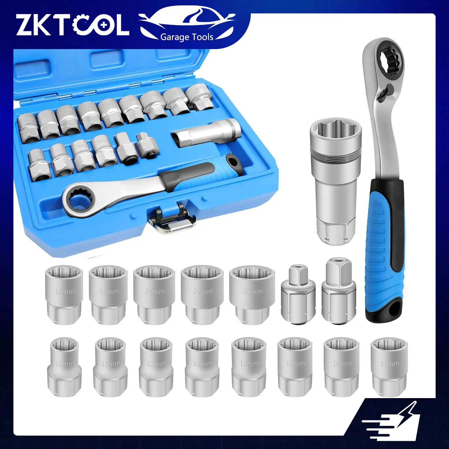 17PCS Pass-Through Socket Set - Cr-V Steel Universal Reversible Ratchet Wrench, Ultra-Thin Profile Space-Saving Mechanics Tool Kit, Non-Slip Ergonomic Grip Sockets&Socket Sets for Hard-to-Reach Bolts, Low Profile
