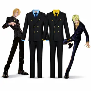 One Piece Sanji Cosplay Costume Anime Suit Set for Menswear Includes Top Pants & Vest in Signature Blue and Yellow Design Perfect for Cosplay Events Halloween and Themed Parties - Outfit