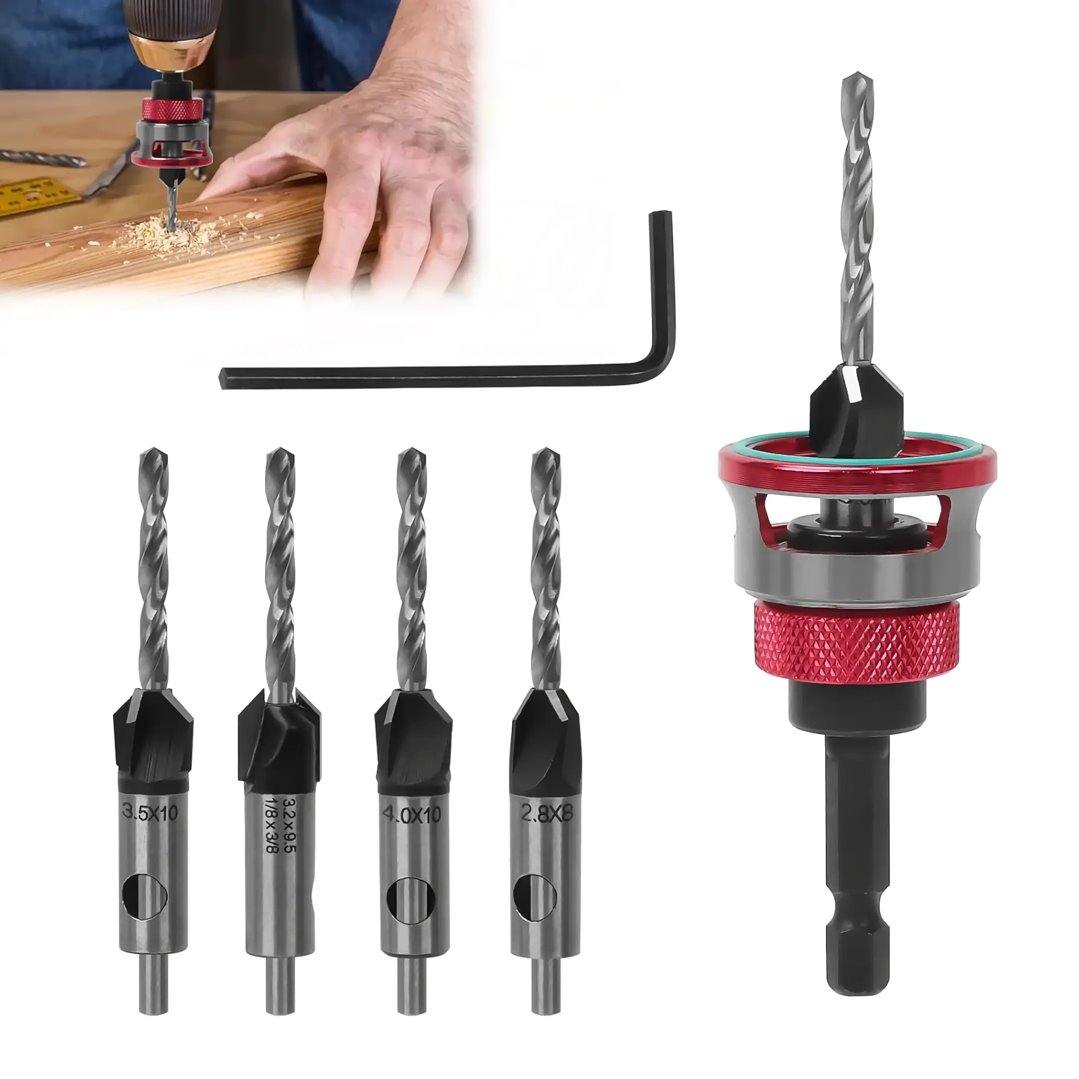 4PCS HCS Steel 4-Blade Countersink Drill Bit Set with Depth Adjust Stop, L-Shape Wrench, Tool Included for Woodworkers’ Precision Drilling in Wood/Plastic, Suitable For Wood And Plastic