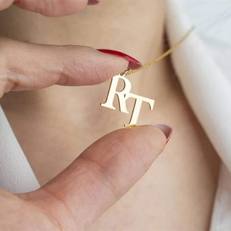 Customized Two Initials Necklace Stainless Steel Personalized Necklace Gift for Men and Women Couples