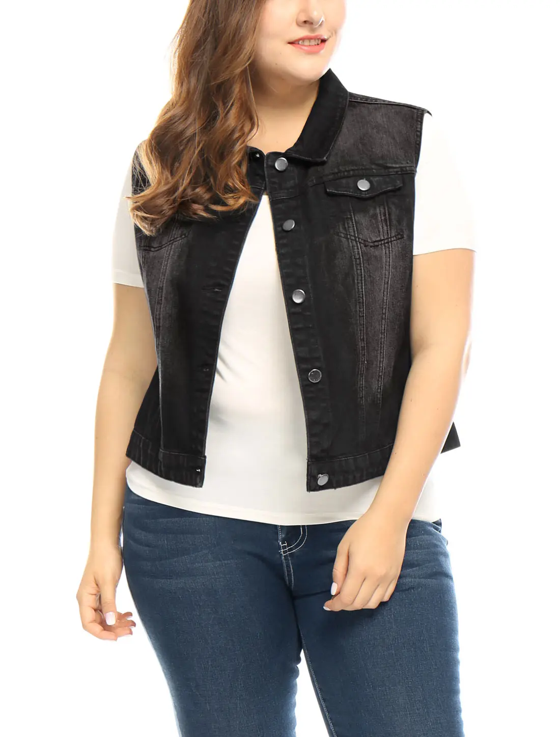 Agnes Orinda Plus Size Buttons Denim Vest Two Chest Flap Pockets Jackets