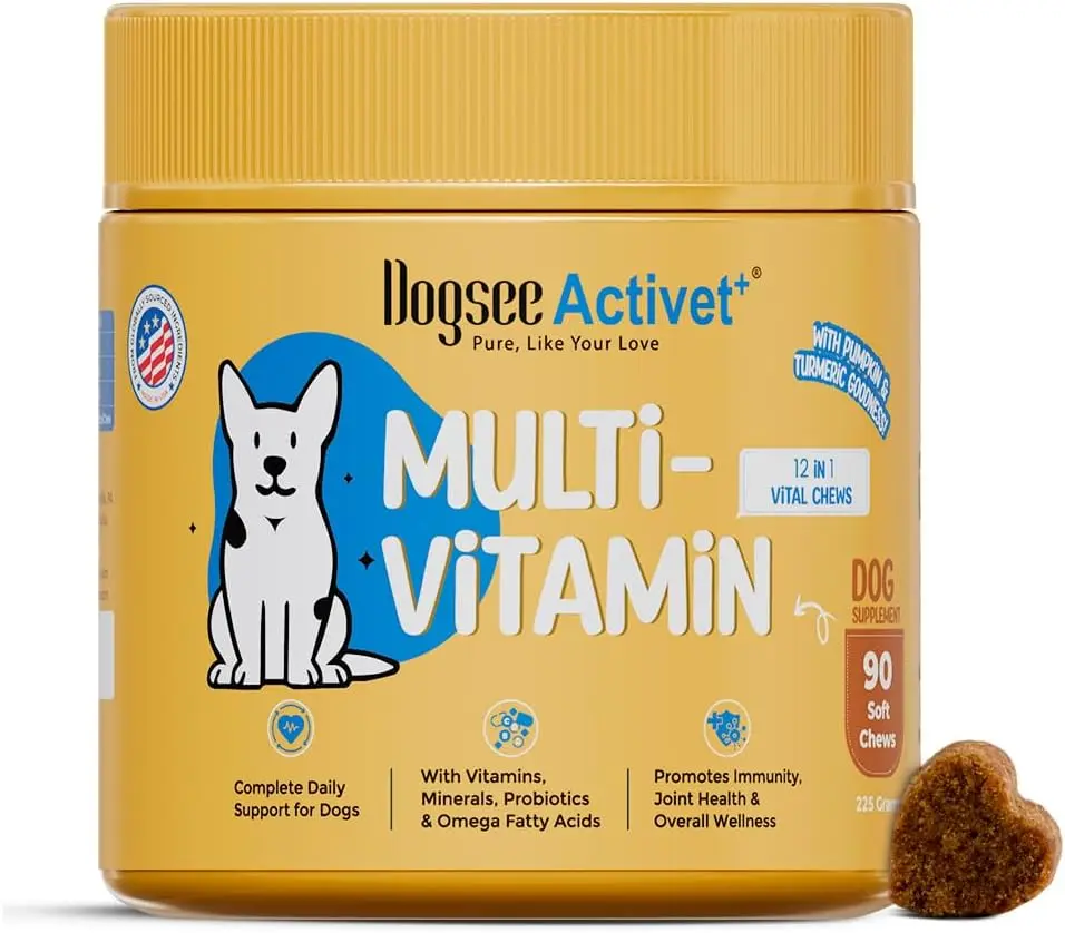 Dogsee Activet+ Dog Multivitamin Supplement Chews, with Vitamins, Minerals, Probiotics, Omega Fatty Acids & Glucosamine, Daily Wellness & Vitality Support, Chicken Flavor – 90 Chews