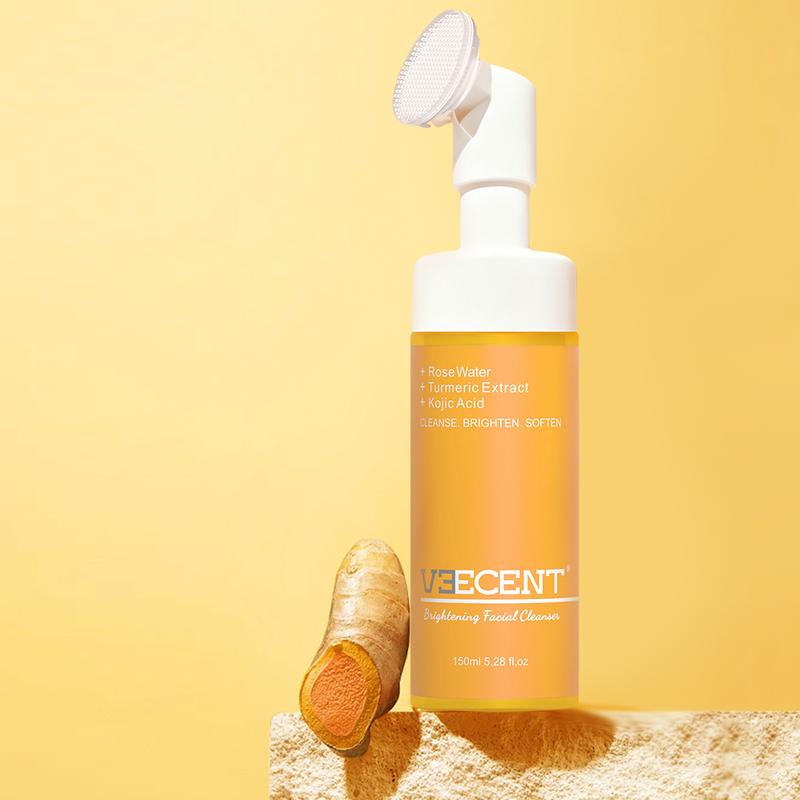 Veecent 150ml Turmeric + Kojic Acid Foaming Facial Cleanser + Silicone Brush Cleansing Skincare Set (Gentle Type) – Turmeric Face Wash (Facial Care Set) Coconut Soothing