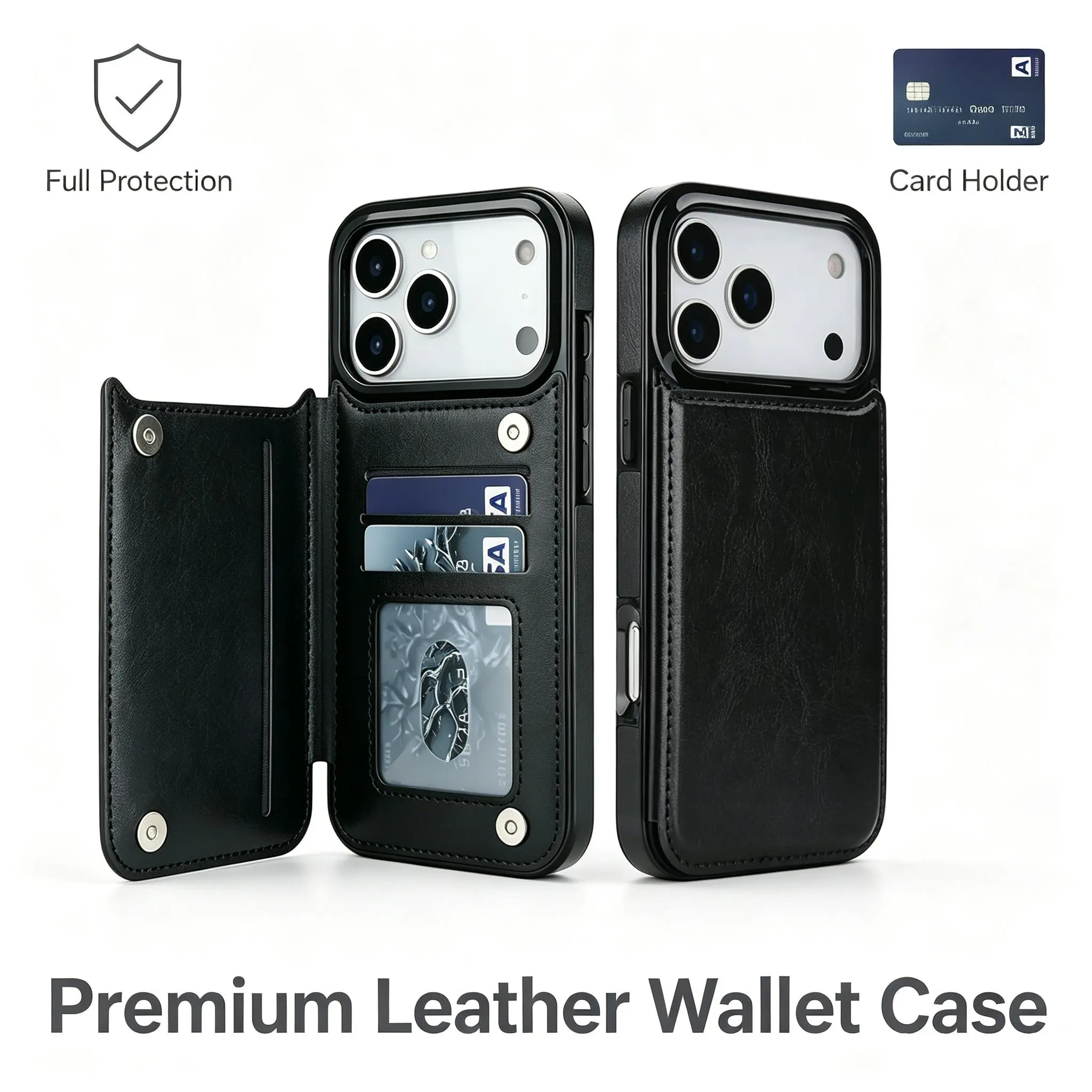Premium Leather Card Wallet Phone Case for iPhone 12 13 14 15 16 17 18 Pro Max Plus, Card Holder Black/Brown/Pink/Purple/Wine Red