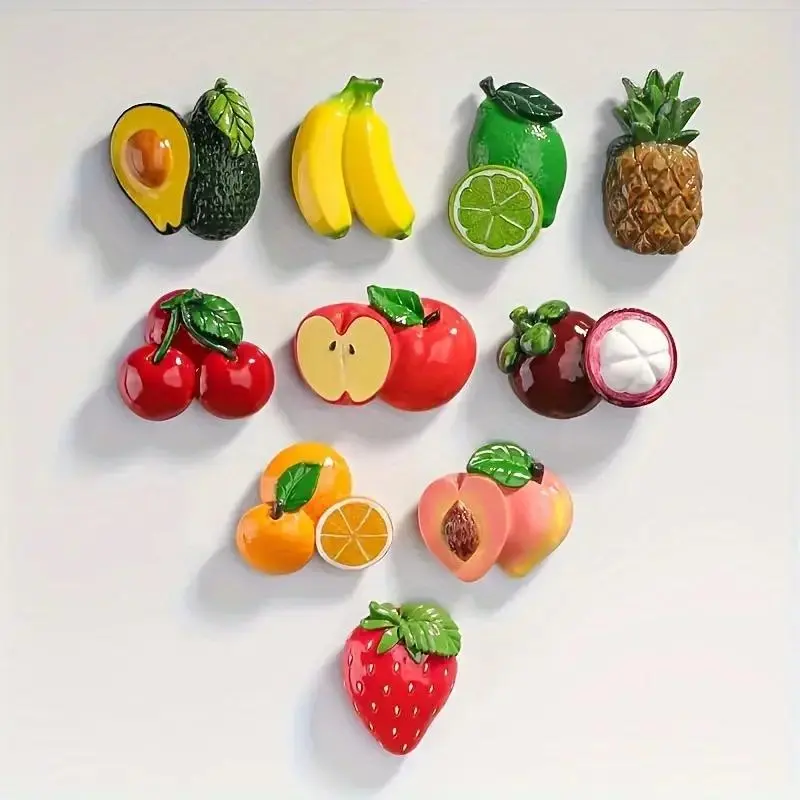 Fruit-Shaped Fridge Magnets, Refrigerator Decorating Magnets, 10-Piece Cute Cartoon Fruit Decorative Design Set, Magnetic Refrigerator Decor for Home Kitchen and Office Decoration