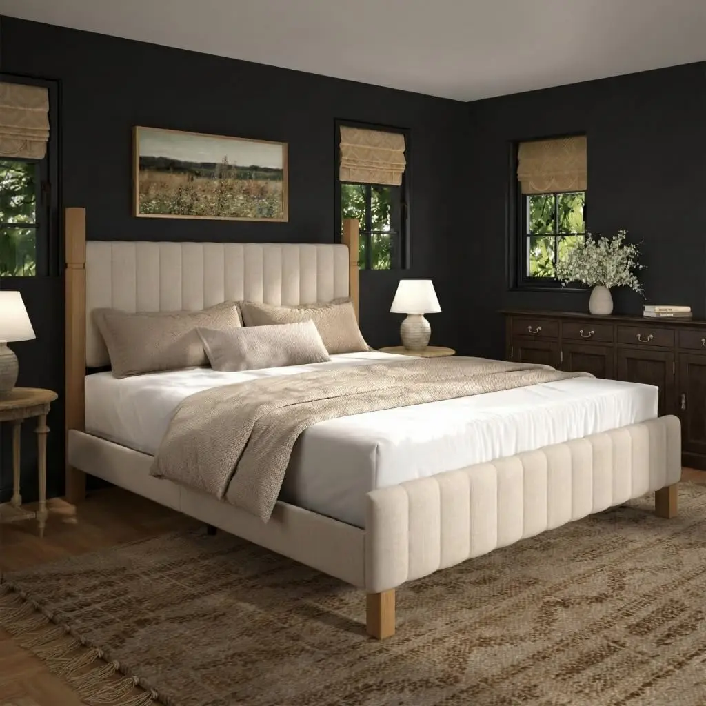 Bed Frame with Headboard, Solid Wood Bed Frame, Platform Bedframe Noise Free, No Box Spring Needed, (Beige Linen, Grey Linen) (Full, Queen, King)