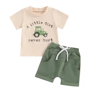 Toddler Baby Boys Summer Outfits Funny Letter A Little Dirt Tractor Print T Shirt Tops Elastic Waist Pockets Shorts Two Piece Set #Springtok