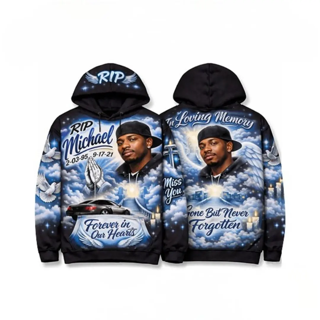 Custom Memorial Airbrush Hoodie Rest In Paradise Tribute Full-Color Design Angel Wings Clouds Personalized Photo Name Dates Unisex Fit High-Quality Soft Fleece