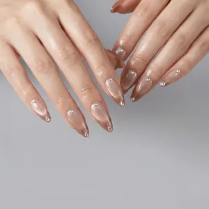 Golden Glow Cat Eye Chrome Nails | Nude Base Almond Shape with Sparkling Gold Line & 3D Crystal Drops Ready-to-Wear