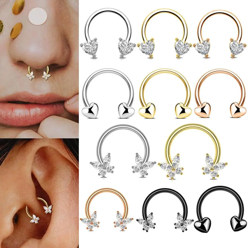 Heart Butterfly Hoop Nose Ring Septum Piercing Eyebrow Lip Ear Cartilage Earring Horseshoe Ring Tragus Helix Body Jewelry 16G