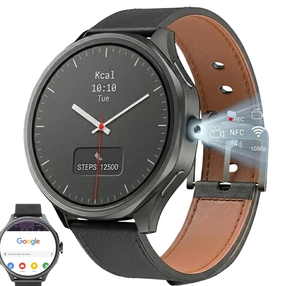 W&O Waterproof Wearable Smart Watch for Men, 1.73'' AMOLED Large Screen 4G Android Device with 3GB+32GB, Rotatable Selfie Camera, WiFi, GPS, 800mAh Battery, Fitness Tracker, Recording, Remote Control & Running Support