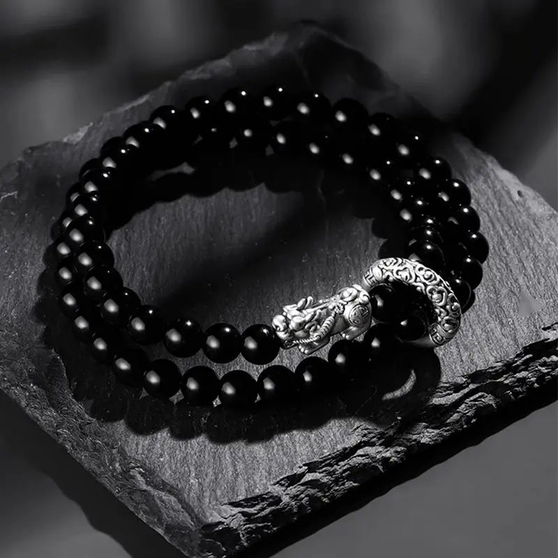 Unisex Multi-Layer Black Obsidian Beaded Bracelet - Vintage Silver Pi Xiu Protection Jewelry, Casual Daily Wear Bracelets for Women, Spiritual Lucky Wealth Accessory