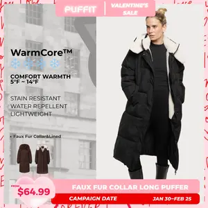 【Last Sale】PUFFIT WarmCore Premium Classic Hooded Long Puffer Coat Women Long Ladies Quilted Outerwear Jacket Big Pocket, Water Repellent  Winter Warm Basic Long Sleeve Tops Coat